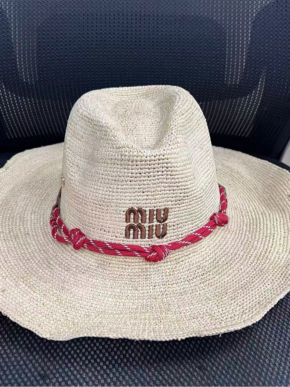 Miu Miu Natural Straw Wide-Brim Hat with Red Rope Trim